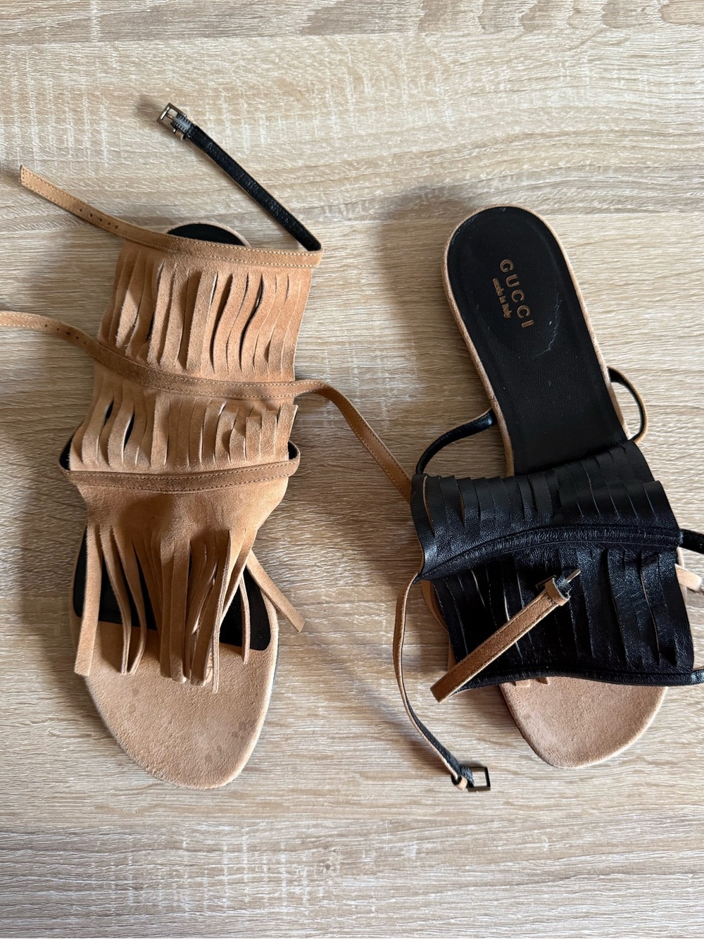 Gucci Becky Fringe suede tan Thong gladiator Sandals Sz 37/7 - Picture 2 of 7